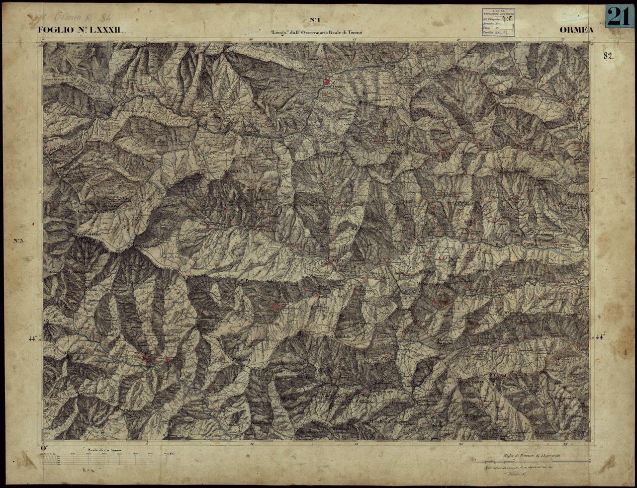 (N:23275) CARTA TOPOGRAFICA DEGLI STATI IN TERRAFERMA DI S.M. IL RE DI SARDEGNA ALLA SCALA DI 1 A 50.000 OPERA DEL CORPO REALE DELLO STATO MAGGIORE - FOGLIO NLXXXII  ORMEA (CA001208) Carte e stampe antiche: riproduzione a colori su carta (formato A1)