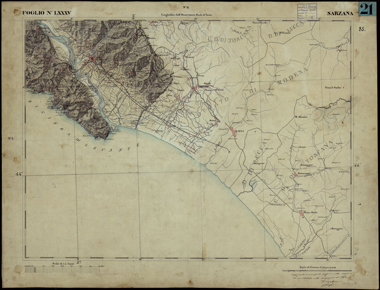 (N:23278) CARTA TOPOGRAFICA DEGLI STATI IN TERRAFERMA DI S.M. IL RE DI SARDEGNA ALLA SCALA DI 1 A 50.000 OPERA DEL CORPO REALE DELLO STATO MAGGIORE - FOGLIO NLXXXV SARZANA (CA001211) Carte e stampe antiche: riproduzione a colori su carta (formato A1)