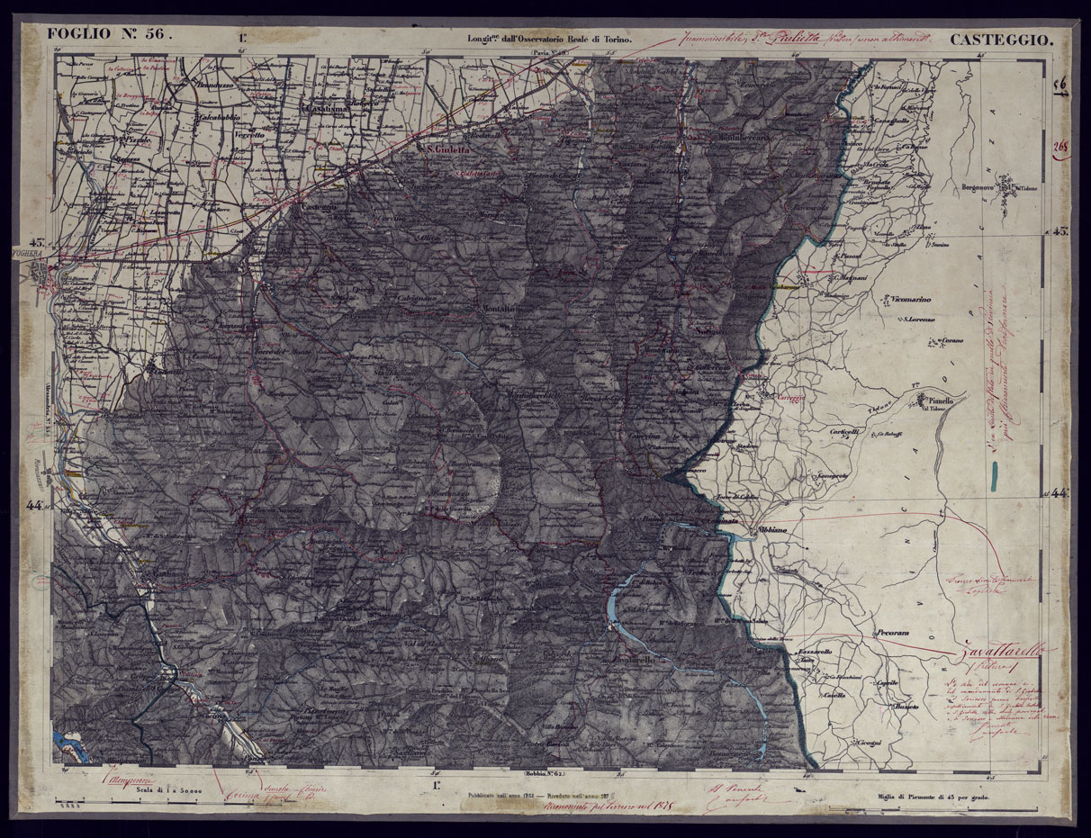 (N:23327) CARTA TOPOGRAFICA DEGLI STATI IN TERRAFERMA DI S.M. IL RE DI SARDEGNA ALLA SCALA DI 1 A 50.000 OPERA DEL CORPO REALE DELLO STATO MAGGIORE - FOGLIO N56 CASTEGGIO (CA001257) Carte e stampe antiche: riproduzione a colori su carta (formato A1)
