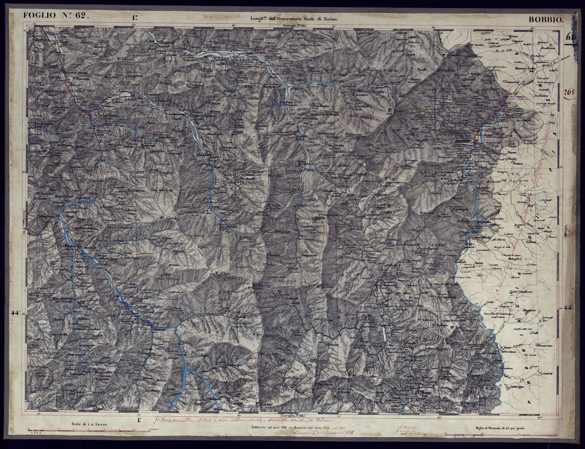 (N:23333) CARTA TOPOGRAFICA DEGLI STATI IN TERRAFERMA DI S.M. IL RE DI SARDEGNA ALLA SCALA DI 1 A 50.000 OPERA DEL CORPO REALE DELLO STATO MAGGIORE - FOGLIO N62 BOBBIO (CA001263) Carte e stampe antiche: riproduzione a colori su carta (formato A1)