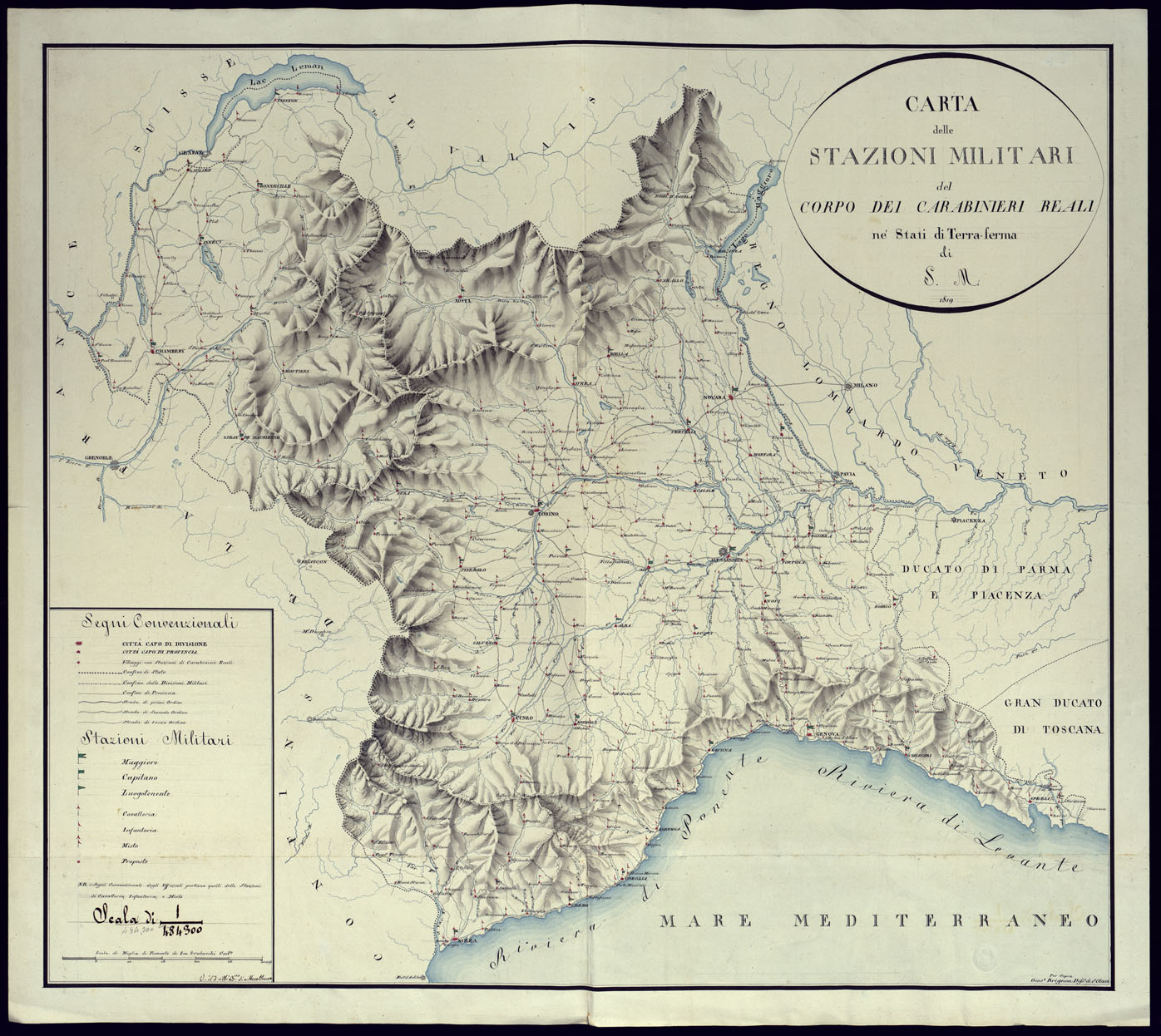 (N:13197) CARTA DELLE STAZIONI MILITARI DEL CORPO DEI CARABINIERI REALI NE' STATI DI TERRA-FERMA DI S.M 1819 (CA001293) Carte e stampe antiche: riproduzione a colori su carta (formato A1)