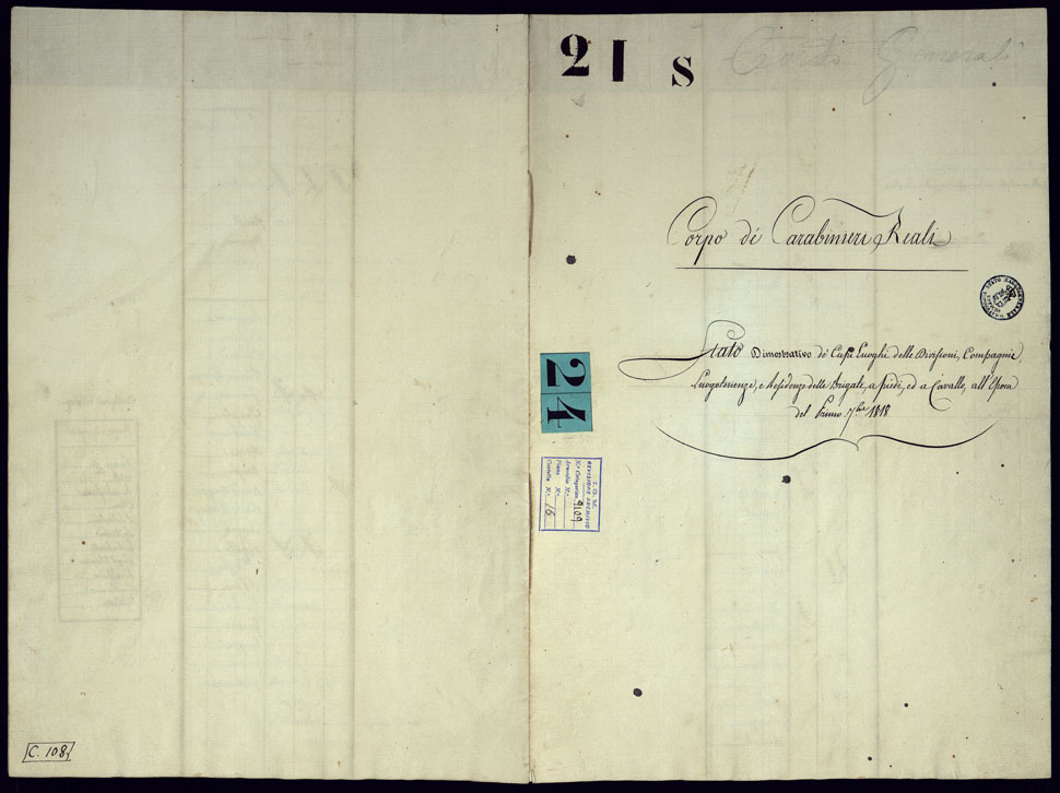 (N:23303) CORPO DE' CARABINIERI REALI - STATO GENERALE DI TUTTE LE STAZIONI DEL CORPO SUDDETTO, IN ATTIVITA' E PROPOSTE ALL'EPOCA DELLI SETTEMBRE 1818 COLLE LORO DIVISIONI - TABELLA 1 (CA001294, CA001295, CA001296, CA001297, CA001298, CA001299, CA001300) Carte e stampe antiche: riproduzione a colori su carta (formato A1)