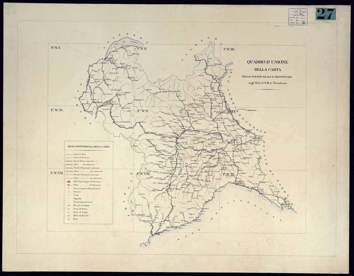 (N:10491) CARTA delle STRADE NEGLI STATI DI SUA MAESTA' IN TERRAFERMA PER USO DELL'ECCELL.MO CONSIGLIO SUPERIORE D'ACQUE E STRADE RIDOTTA DALLA GRAN CARTA TOPOGRAFICA DI RECENTE FORMATA DAL REAL CORPO DI STATO MAGGIORE GENERALE - QUADRO D'UNIONE. (CA001312) Carte e stampe antiche: riproduzione a colori su carta (formato A1)
