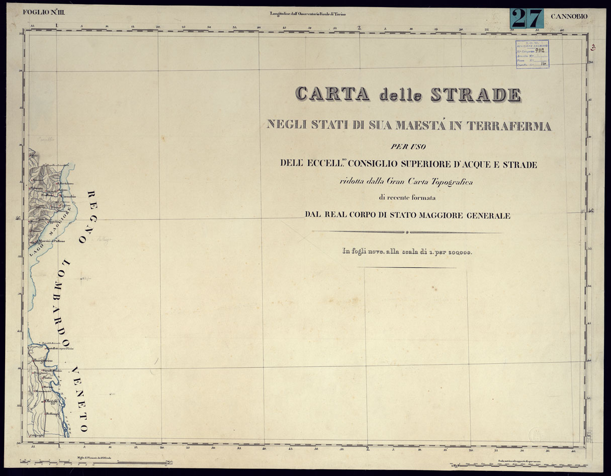 (N:10407) CARTA delle STRADE NEGLI STATI DI SUA MAESTA' IN TERRAFERMA PER USO DELL'ECCELL.MO CONSIGLIO SUPERIORE D'ACQUE E STRADE RIDOTTA DALLA GRAN CARTA TOPOGRAFICA DI RECENTE FORMATA DAL REAL CORPO DI STATO MAGGIORE GENERALE - FOGLIO N.III CANNOBIO. (CA001315) Carte e stampe antiche: riproduzione a colori su carta (formato A1)