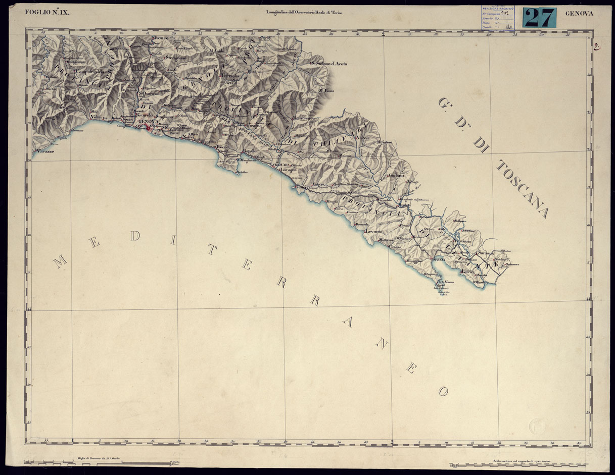 (N:9839) CARTA delle STRADE NEGLI STATI DI SUA MAESTA' IN TERRAFERMA PER USO DELL'ECCELL.MO CONSIGLIO SUPERIORE D'ACQUE E STRADE RIDOTTA DALLA GRAN CARTA TOPOGRAFICA DI RECENTE FORMATA DAL REAL CORPO DI STATO MAGGIORE GENERALE - FOGLIO N.IX  GENOVA. (CA001321) Carte e stampe antiche: riproduzione a colori su carta (formato A1)