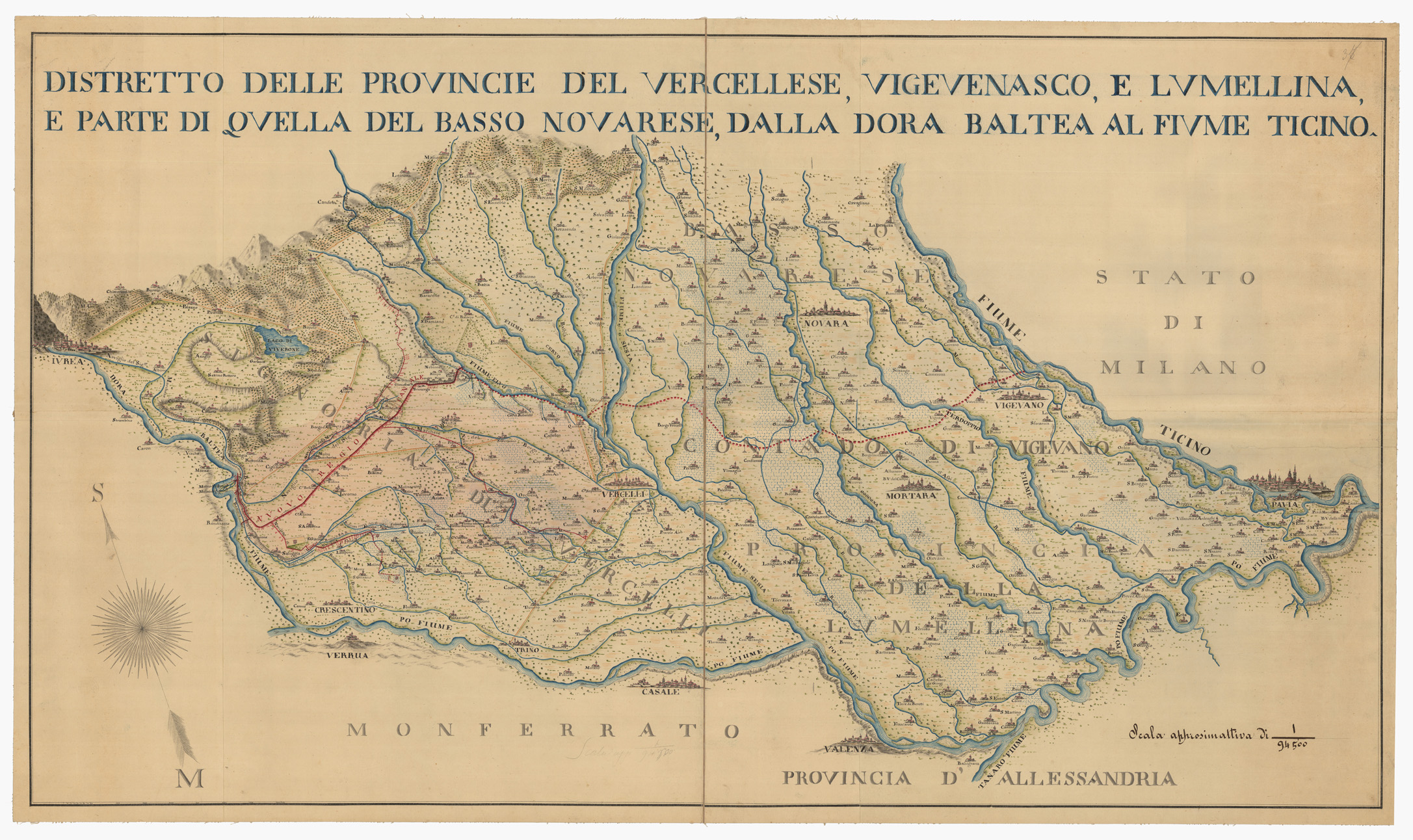 (N:13794) DISTRETTO DELLE PROVINCIE DEL VERCELLESE, VIGEVENASCO, E LUMELLINA E PARTE DI QUELLA DEL BASSO NOVARESE, DALLA DORA BALTEA AL FIUME TICINO (CA001322) Carte e stampe antiche: riproduzione a colori su carta (formato A1)