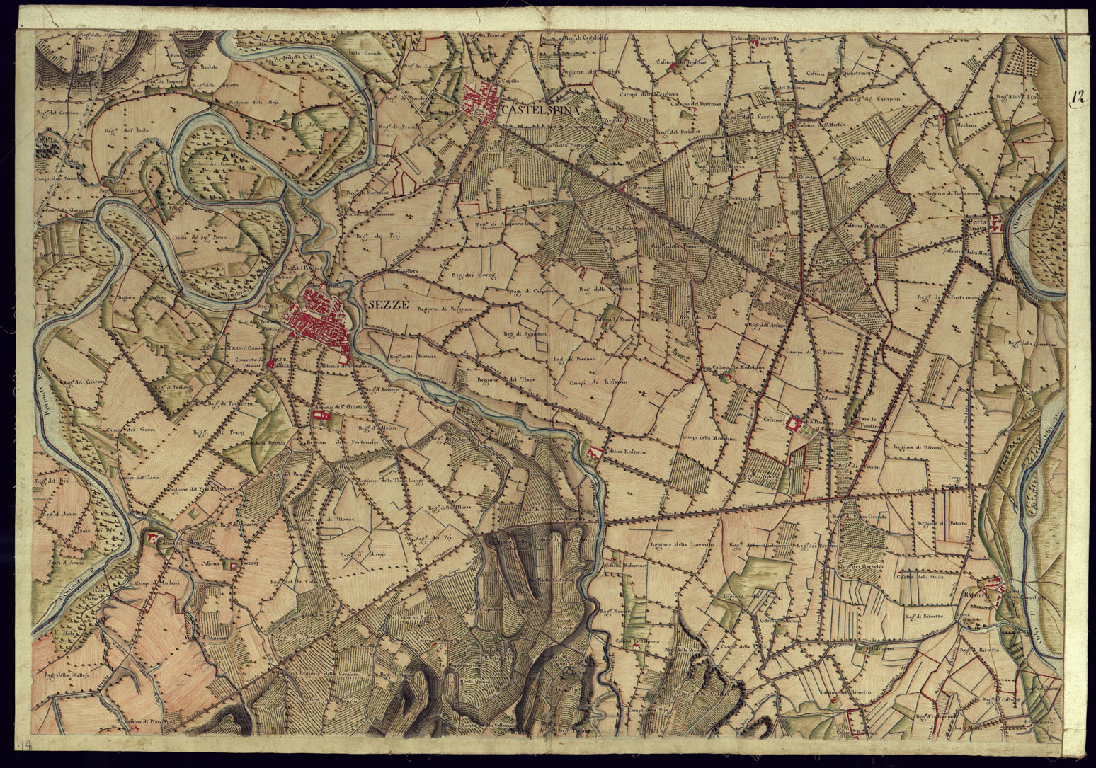 (N:13581) CARTA DI QUASI TUTTA L'EX PROVINCIA DI ACQUI E DI PARTE DI QUELLE DI MONDOVI', ALBA ED ALESSANDRIA - FOGLIO 12. (CA001340) Carte e stampe antiche: riproduzione a colori su carta (formato A1)