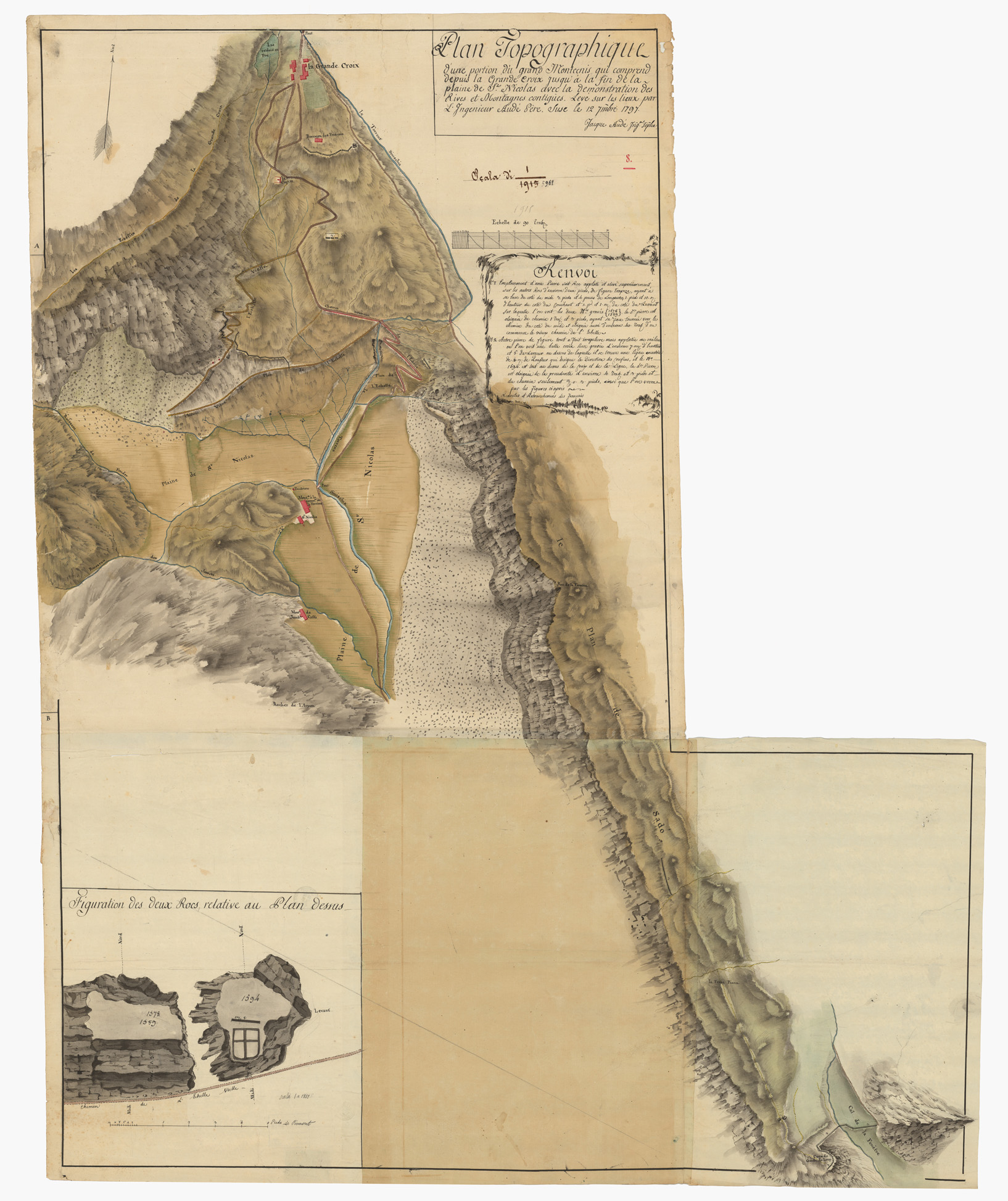 (N:4060) PLAN TOPOGRAPHIQUE D'UNE PORTION DU GRAND MONTCEN QUI COMPREND DEPUIS LA GRANDE CROIX JUSQU'A LA FIN DE LA PLAINE DE S. NICOLAS AVEC LA DEMONSTRATION DES RIVES ET MONTAGNES CONTIGUES. LEVE SUR LES LIEUX PAR L'INGENIEUR AUDE' JACQUE  - SUSE - Foglio 1 (CA001400) Carte e stampe antiche: riproduzione a colori su carta (formato A1)