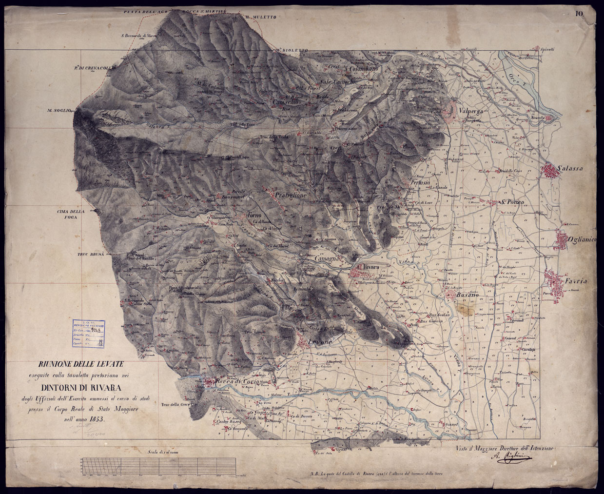(N:3502) RIUNIONE DELLE LEVATE ESEGUITE COLLA TAVOLETTA PRETORIANA NEI DINTORNI DI RIVARA DAGLI UFFICIALI DELL' ESERCITO AMMESSI AL CORSO DI STUDI PRESSO IL CORPO REALE DI STATO MAGGIORE NELL'ANNO 1853.
 (CA001428) Carte e stampe antiche: riproduzione a colori su carta (formato A1)