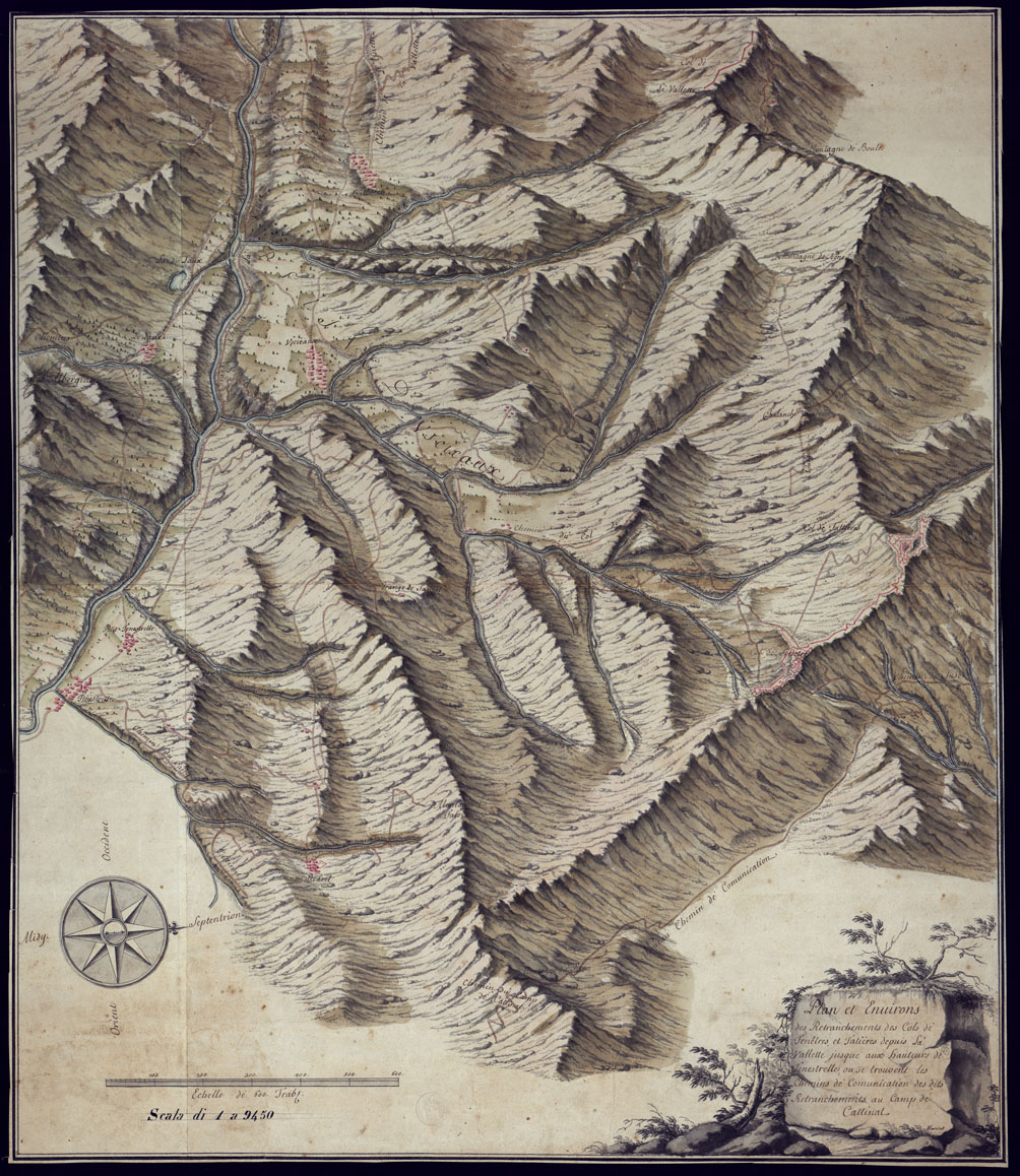 (N:3944) PLAN ET ENVIRONS DES RETRANCHEMENTS DES COLS DE FENETRES, ET FATIERES DEPUIS LA VALLETTE JUSQUE AUX HAUTEURS DE FENESTRELLE OU SE TROUVENT LES CHEMINS DE COMUNICATION DES DITS RETRANCHEMENTS AU CAMP DE CATTINAL. (CA001592) Carte e stampe antiche: riproduzione a colori su carta (formato A1)