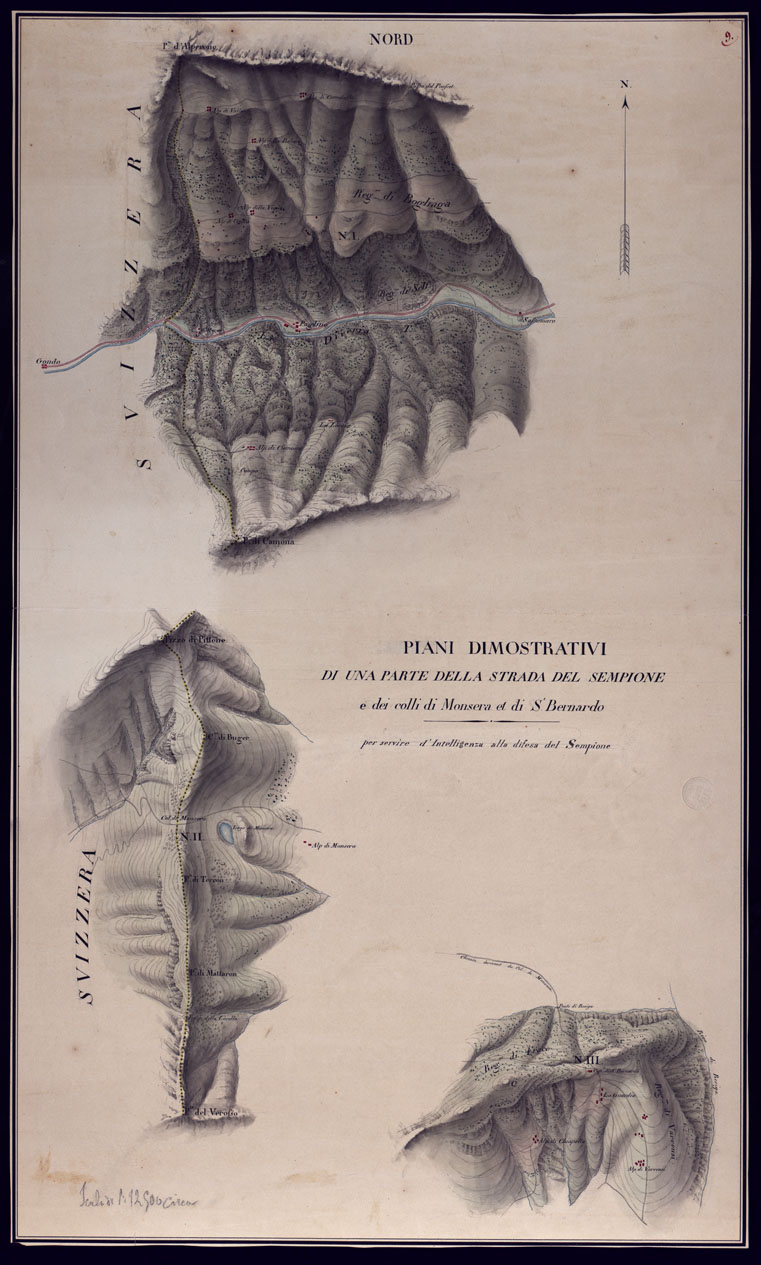 (N:3867) PIANI DIMOSTRATIVI DI UNA PARTE DELLA STRADA DEL SEMPIONE E DEI COLLI DI MONSERA ET DI S. BERNARDO PER SERVIRE D'INTELLIGENZA ALLA DIFESA DEL SEMPIONE. (CA001606) Carte e stampe antiche: riproduzione a colori su carta (formato A1)