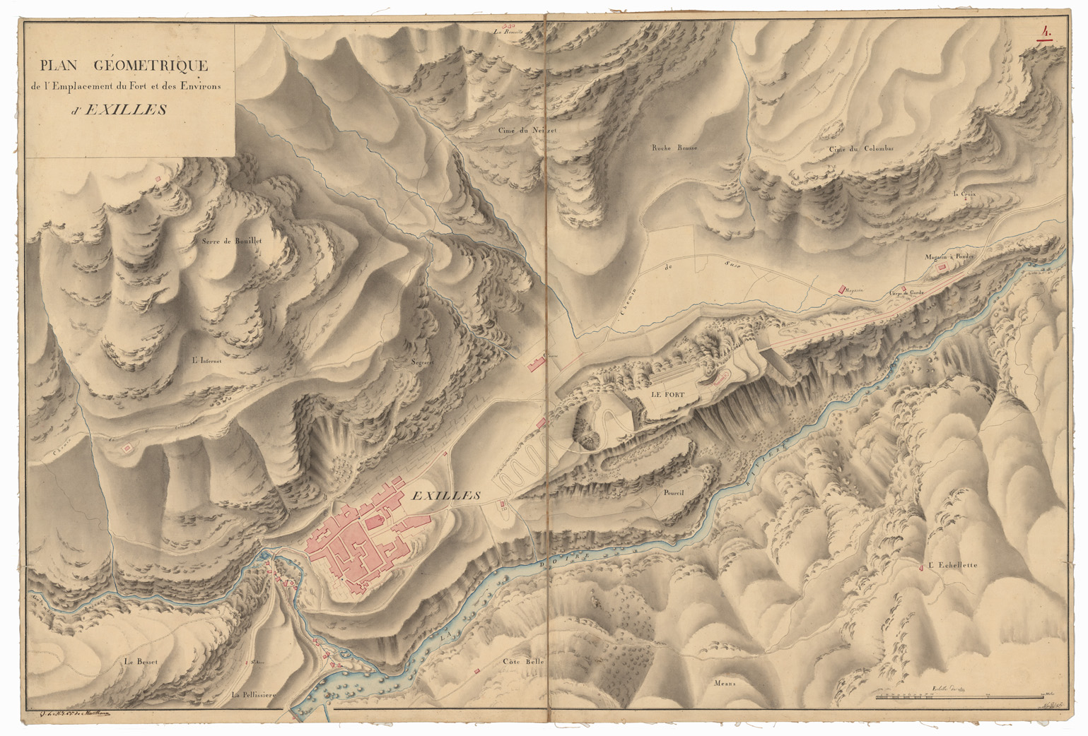 (N:3708) PLAN GEOMETRIQUE DE L'EMPLACEMENT DU FORT ET DES ENVIRINS D'EXILLES (CA001670) Carte e stampe antiche: riproduzione a colori su carta (formato A1)