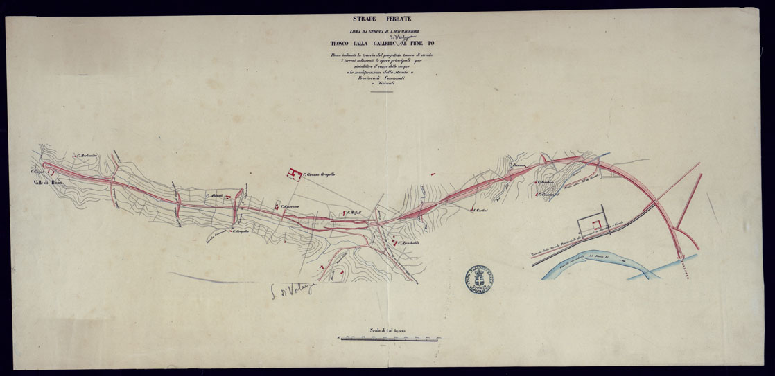 (N:9770) STRADE FERRATE LINEA DA GENOVA AL LAGO MAGGIORE TRONCO DALLA GALLERIA AL FIUME PO PIANO INDICANTE LA TRACCIA DEL PROGETTO TRONCO DI STRADA I TERRENI ADIACENTI, LE OPERE PRINCIPALI PER RISTABILIRE IL CORSO DELLE ACQUE. E LE MODIFICAZIONI DELLE STRADE. (CA001967) Carte e stampe antiche: riproduzione a colori su carta (formato A1)