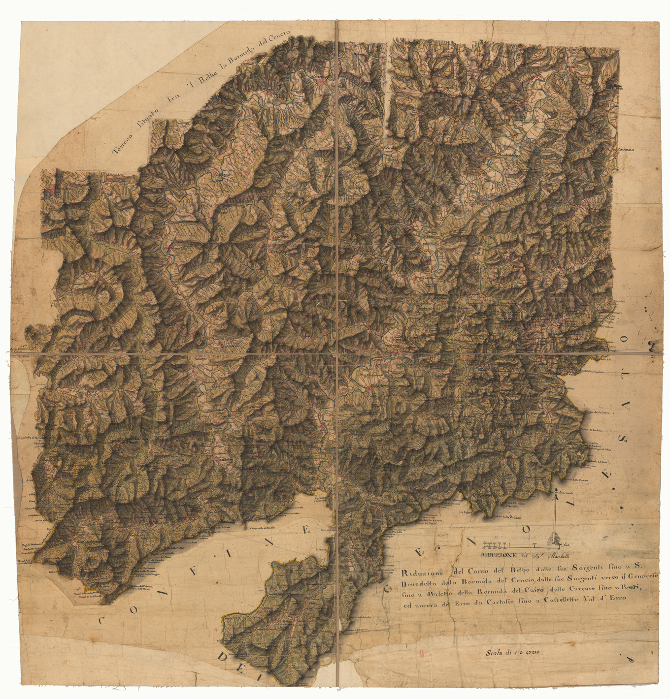 (N:6184) RIDUZIONE DEL SIG. MARCHETTI RIDUZIONE DEL CORSO DEL BELBO DALLE SORGENTI FINO A S. BENEDETTO DELLA BORMIDA DEL CENCIO, DALLE SUE SORGENTI VERSO IL GENOVESE FINO A PERLETTO DELLA BORMIDA DEL  CAIRO (CA002001) Carte e stampe antiche: riproduzione a colori su carta (formato A1)