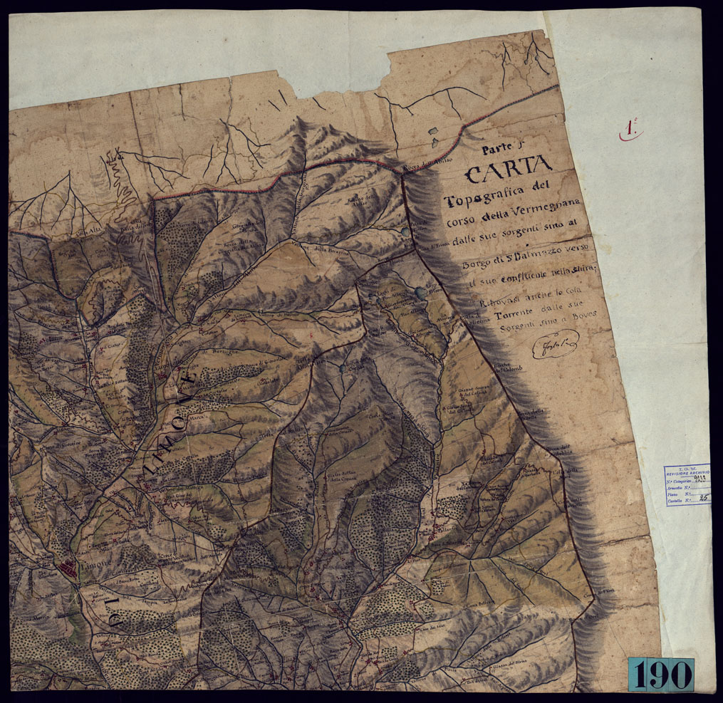 (N:5617) CARTA TOPOGRAFICA DEL CORSO DELLA VERMAGNANA DALLE SUE SORGENTI SINO AL BORGO DI S. DALMAZZO VERSO IL SUO CONFLUENTE NELLA STURA; RITROVASI ANCHE LA COLA TORRENTE DALLE SUE SORGENTI A BOVES PARTE 1- FOGLIO 1 E RETRO. (CA002045, CA002046) Carte e stampe antiche: riproduzione a colori su carta (formato A1)