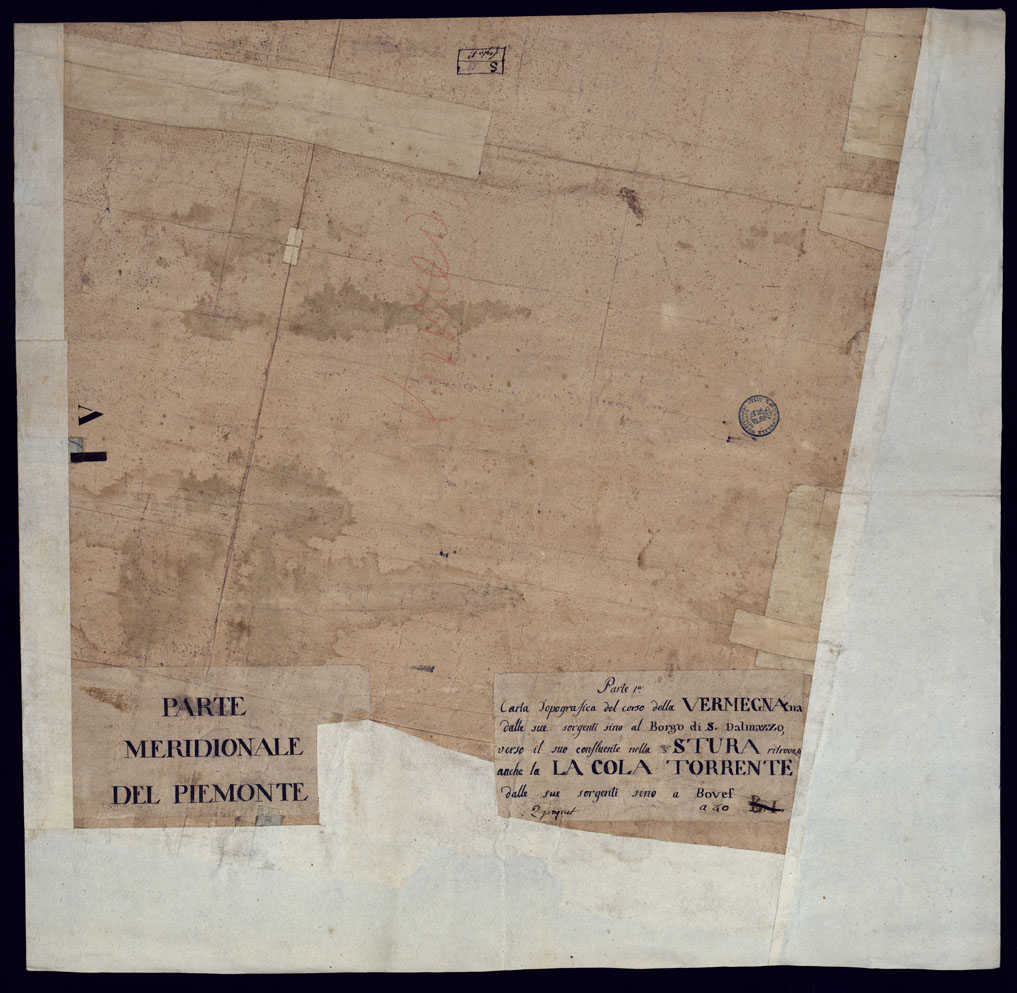 (N:5617) CARTA TOPOGRAFICA DEL CORSO DELLA VERMAGNANA DALLE SUE SORGENTI SINO AL BORGO DI S. DALMAZZO VERSO IL SUO CONFLUENTE NELLA STURA; RITROVASI ANCHE LA COLA TORRENTE DALLE SUE SORGENTI A BOVES PARTE 1- FOGLIO 1 E RETRO. (CA002045, CA002046) Carte e stampe antiche: riproduzione a colori su carta (formato A1)