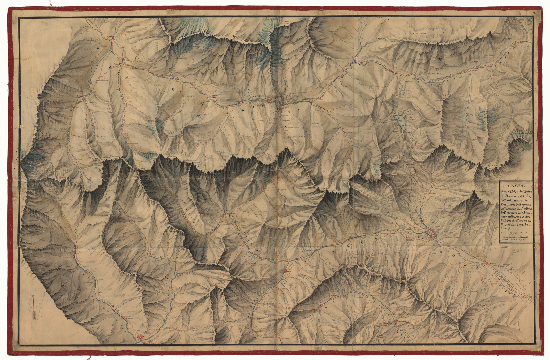 (N:5607) CARTE DES VALLEES DE DOIRE, DE CHENISCIA, D'OULZ DE BARDONNECHE, DE CESANE, ET DE PRAGELA EN PIEMONT DES VALLEES DE BESSAN ET DE MAURIENNE EN SAVOYE ET DES VALLEES DES PRES ET DE MONESTIER DANS LE DAUPHINE' DESSINE PAR LE TOPOGRAPH LOUIS BRAMBILLA. (CA002062) Carte e stampe antiche: riproduzione a colori su carta (formato A1)