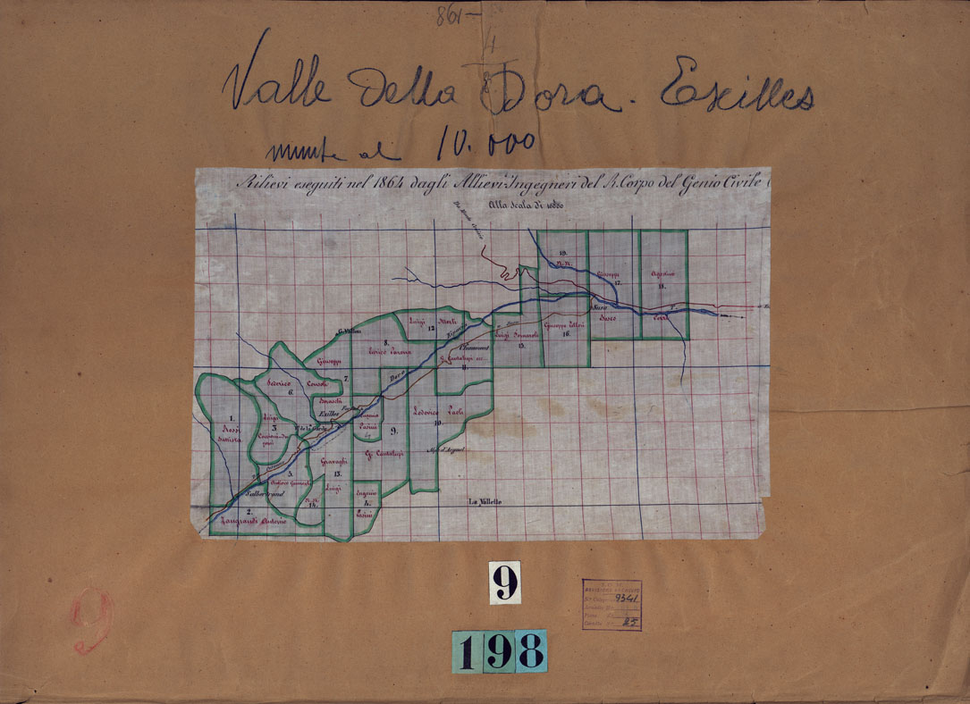 (N:23522) VALLE DELLA DORA EXILLES MINUTE AL 10.000. RILIEVI ESEGUITI NEL 1864 ALLIEVI INGEGNERI DEL R. CORPO DEL GENIO CIVILE ALLA SCALA DI 1 A 10.000 - QUADRO D'UNIONE. (CA002066) Carte e stampe antiche: riproduzione a colori su carta (formato A1)