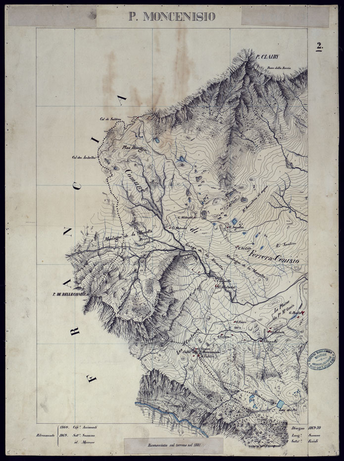 (N:23547) VALLI DELLA DORA RIPARIA SITUAZIONE DAL 1860 AL 1871 RILIEVI AL 10.000 P. MONCENISIO - FOGLIO 2. (CA002094) Carte e stampe antiche: riproduzione a colori su carta (formato A1)