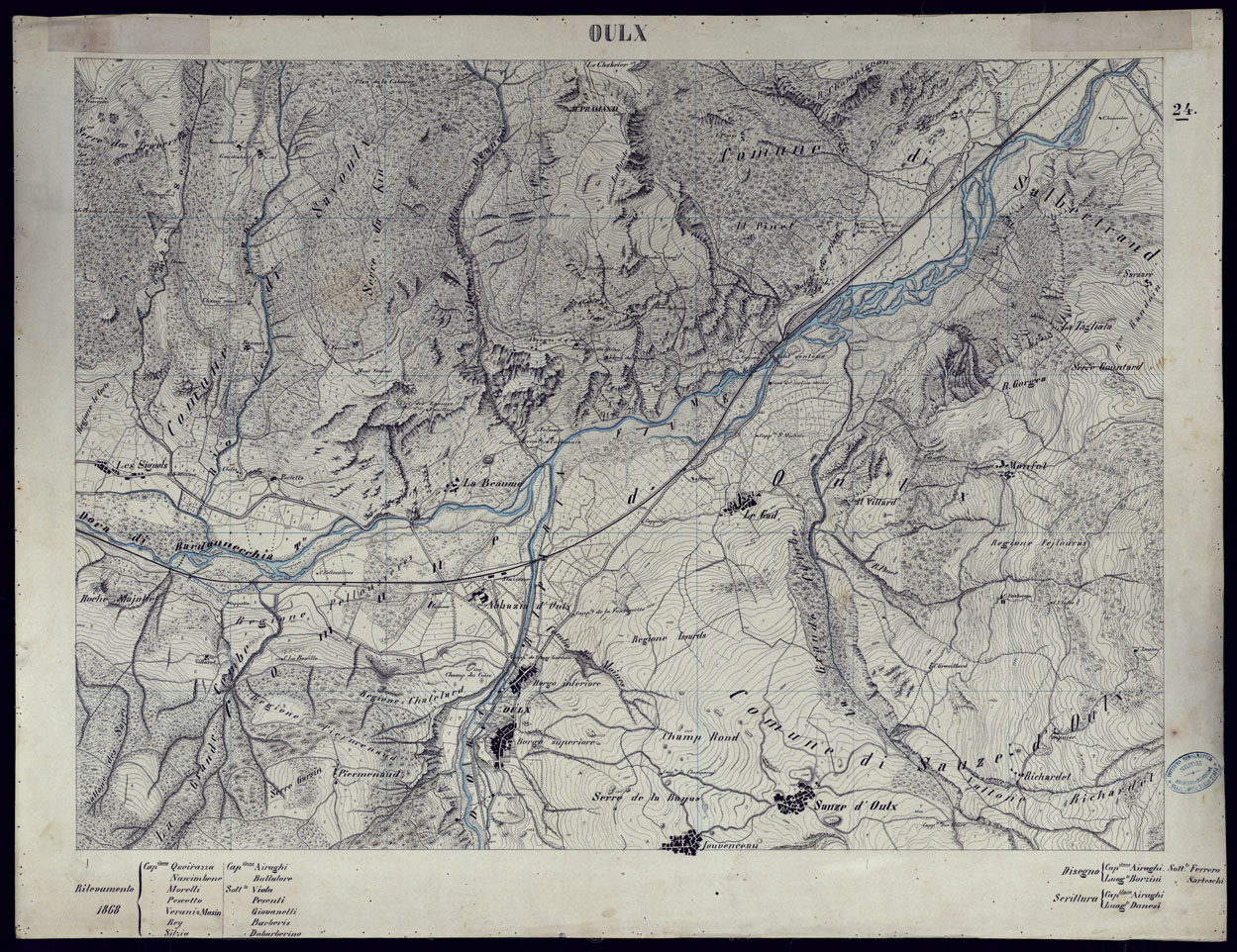 (N:23569) VALLI DELLA DORA RIPARIA  SITUAZIONE DAL 1860 AL 1871 RILIEVI AL 10.000  OULX - Foglio 24 (CA002116) Carte e stampe antiche: riproduzione a colori su carta (formato A1)
