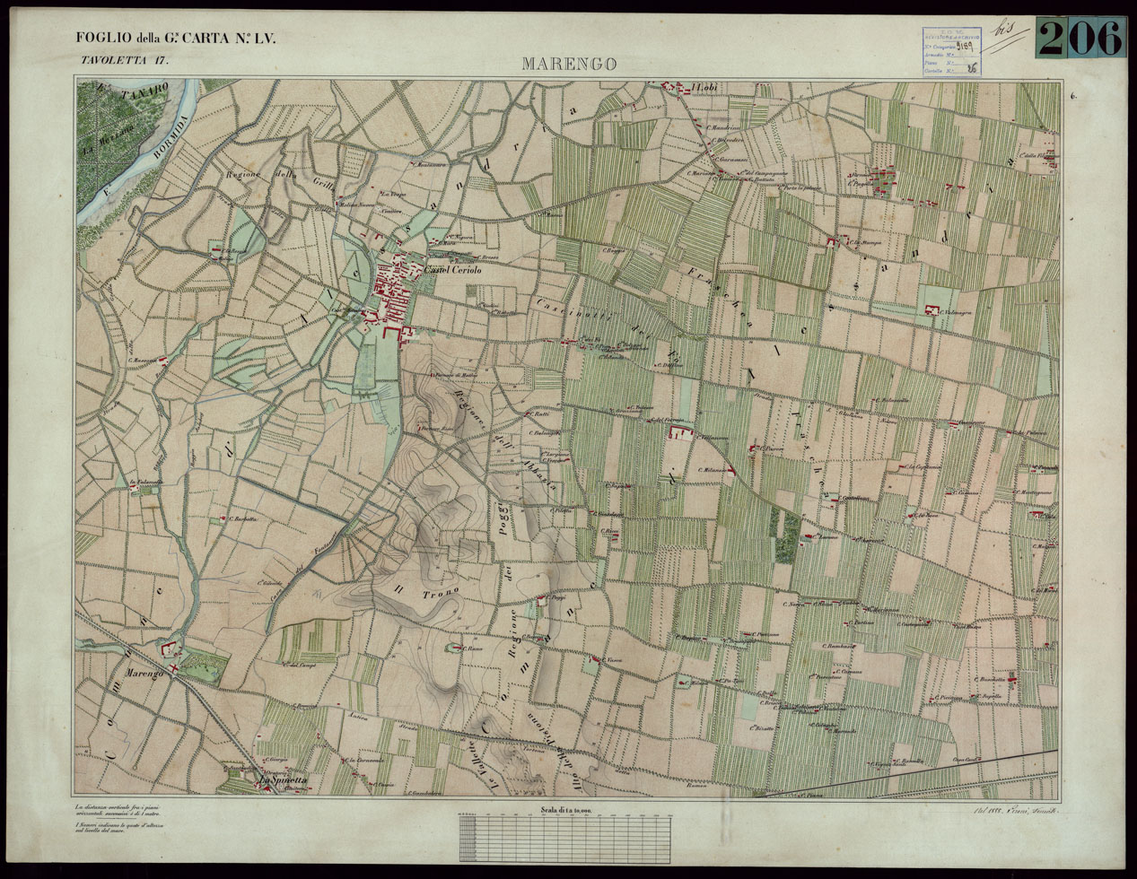 (N:23592) TERRITORIO COMPRESO TRA ALESSANDRIA, CASALE, VOLPEDO E TRA PAVIA, CASTEGGIO E PIACENZA - FOGLIO DELLA G.N. CARTA NLV. TAVOLETTA 17 MARENGO. (CA002200) Carte e stampe antiche: riproduzione a colori su carta (formato A1)