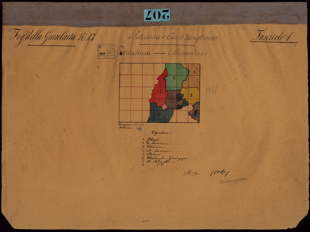 (N:23596) GRUPPO DI 132 FRAZIONI DI MINUTE DI CAMPAGNA ALLA SCALA 1:10.000 DEI RILEVAMENTI ESEGUITI NEL 1853-1867 - PONTESTURA - FASCICOLO 1 - QUADRO D'UNIONE DEI RILIEVI DEGLI OPERATORI DEL FOGLIO DELLA GRAN CARTA N. 47. (CA002204) Carte e stampe antiche: riproduzione a colori su carta (formato A1)