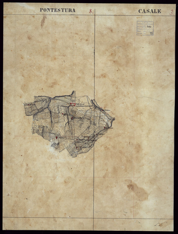 (N:23603) GRUPPO DI 132 FRAZIONI DI MINUTE DI CAMPAGNA ALLA SCALA 1:10.000 DEI RILEVAMENTI ESEGUITI NEL 1853-1867 - PONTESTURA - RILIEVI OPERATORE N. 8  CASALE RILIEVI OPERATORE N. 2. (CA002211) Carte e stampe antiche: riproduzione a colori su carta (formato A1)