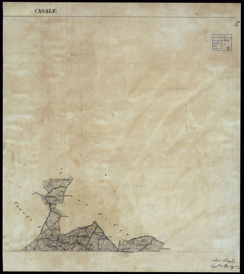 (N:23606) GRUPPO DI 132 FRAZIONI DI MINUTE DI CAMPAGNA ALLA SCALA 1:10.000 DEI RILEVAMENTI ESEGUITI NEL 1853-1867 - CASALE - RILIEVI OPERATORE N. 4 BIS. (CA002214) Carte e stampe antiche: riproduzione a colori su carta (formato A1)