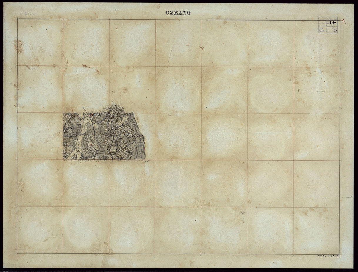 (N:23610) GRUPPO DI 132 FRAZIONI DI MINUTE DI CAMPAGNA ALLA SCALA 1:10.000 DEI RILEVAMENTI ESEGUITI NEL 1853-1867 - OZZANO - RILIEVI OPERATORE N. 3. (CA002218) Carte e stampe antiche: riproduzione a colori su carta (formato A1)