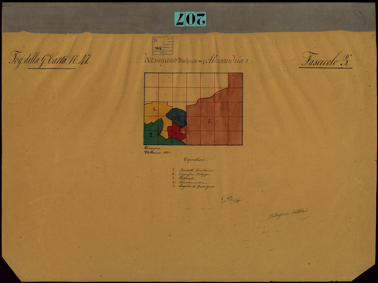(N:23613) GRUPPO DI 132 FRAZIONI DI MINUTE DI CAMPAGNA ALLA SCALA 1:10.000 DEI RILEVAMENTI ESEGUITI NEL 1853-1867 - ROSIGNANO - FASCICOLO 3 - QUADRO D'UNIONE DEI RILIEVI DEGLI OPERATORI DEL FOGLIO DELLA GRAN CARTA N. 47. (CA002221) Carte e stampe antiche: riproduzione a colori su carta (formato A1)