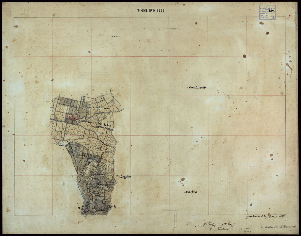 (N:23644) GRUPPO DI 132 FRAZIONI DI MINUTE DI CAMPAGNA ALLA SCALA 1:10.000 DEI RILEVAMENTI ESEGUITI NEL 1853-1867 - VOLPEDO - RILIEVI OPERATORE N. 4. (CA002252) Carte e stampe antiche: riproduzione a colori su carta (formato A1)