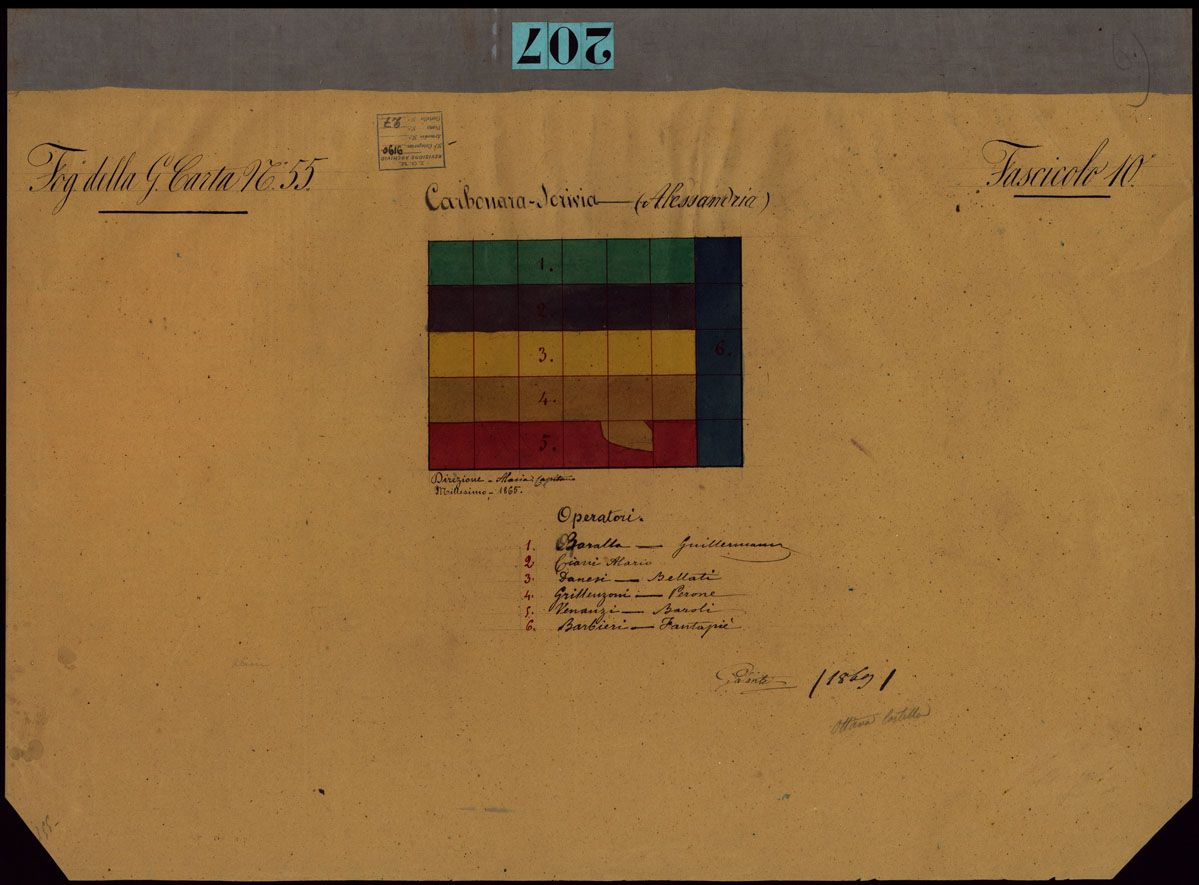 (N:23648) GRUPPO DI 132 FRAZIONI DI MINUTE DI CAMPAGNA ALLA SCALA 1:10.000 DEI RILEVAMENTI ESEGUITI NEL 1853-1867 - CARBONARA - FASCICOLO 10 - QUADRO D'UNIONE DEI RILIEVI DEGLI OPERATORI DEL FOGLIO DELLA GRAN CARTA N.55. (CA002256) Carte e stampe antiche: riproduzione a colori su carta (formato A1)