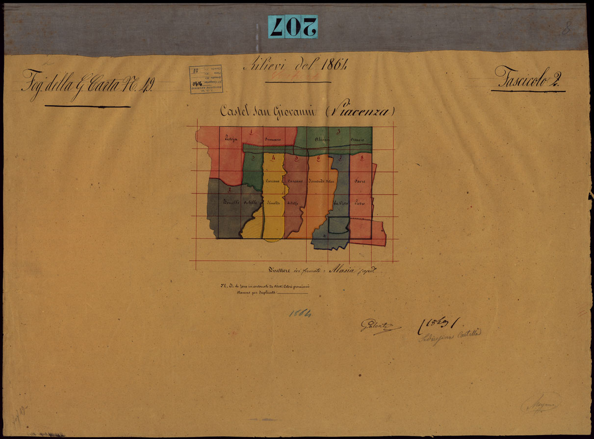 (N:23673) GRUPPO DI 132 FRAZIONI DI MINUTE DI CAMPAGNA ALLA SCALA 1:10.000 DEI RILEVAMENTI ESEGUITI NEL 1853-1867 - CASTEL S. GIOVANNI - FASCICOLO 2 - QUADRO D'UNIONE DEI RILIEVI DEGLI OPERATORI DEL FOGLIO DELLA GRAN CARTA N. 49 (CA002281) Carte e stampe antiche: riproduzione a colori su carta (formato A1)