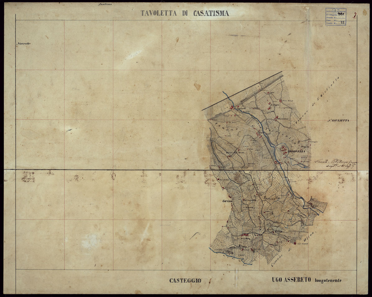 (N:23693) GRUPPO DI 132 FRAZIONI DI MINUTE DI CAMPAGNA ALLA SCALA 1:10.000 DEI RILEVAMENTI ESEGUITI NEL 1853-1867 - CASTANA - MONTU' BECCARIA - RILIEVI OPERATORE N. 7 (CA002301) Carte e stampe antiche: riproduzione a colori su carta (formato A1)