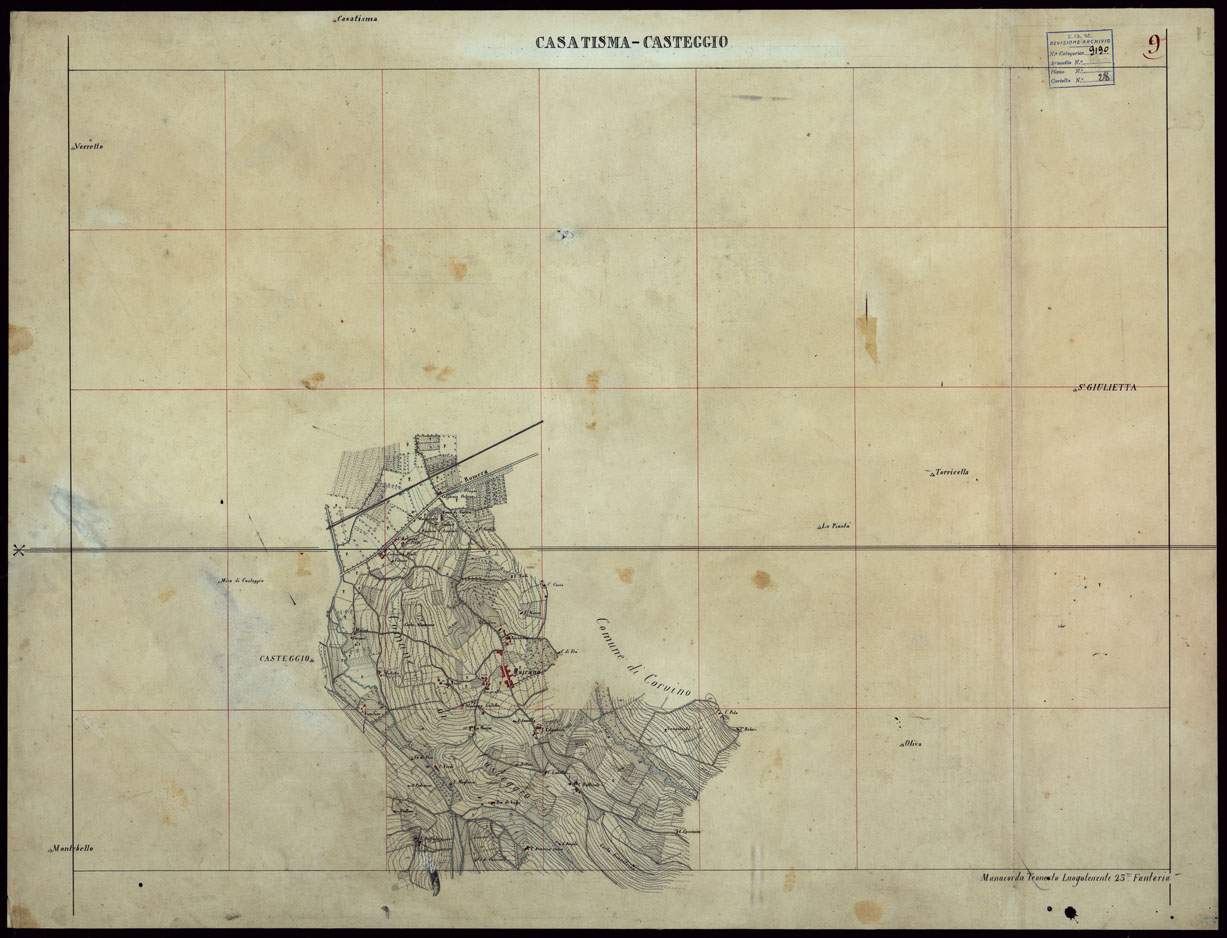 (N:23695) GRUPPO DI 132 FRAZIONI DI MINUTE DI CAMPAGNA ALLA SCALA 1:10.000 DEI RILEVAMENTI ESEGUITI NEL 1853-1867 - CASTANA - MONTU' BECCARIA - RILIEVI OPERATORE N. 9 (CA002303) Carte e stampe antiche: riproduzione a colori su carta (formato A1)