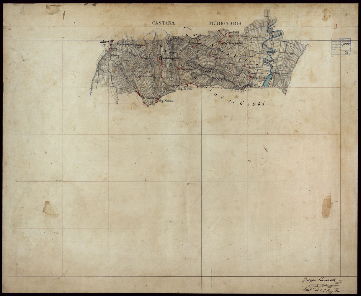 (N:23712) GRUPPO DI 132 FRAZIONI DI MINUTE DI CAMPAGNA ALLA SCALA 1:10.000 DEI RILEVAMENTI ESEGUITI NEL 1853-1867 - CASTANA - MONTU' BECCARIA - RILIEVI OPERATORE N. 1 (CA002320) Carte e stampe antiche: riproduzione a colori su carta (formato A1)