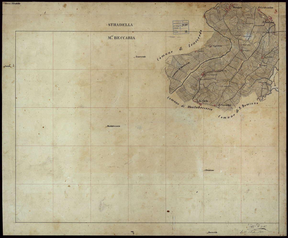 (N:23714) GRUPPO DI 132 FRAZIONI DI MINUTE DI CAMPAGNA ALLA SCALA 1:10.000 DEI RILEVAMENTI ESEGUITI NEL 1853-1867 - CASTANA - MONTU' BECCARIA - RILIEVI OPERATORE N. 3 (CA002322) Carte e stampe antiche: riproduzione a colori su carta (formato A1)