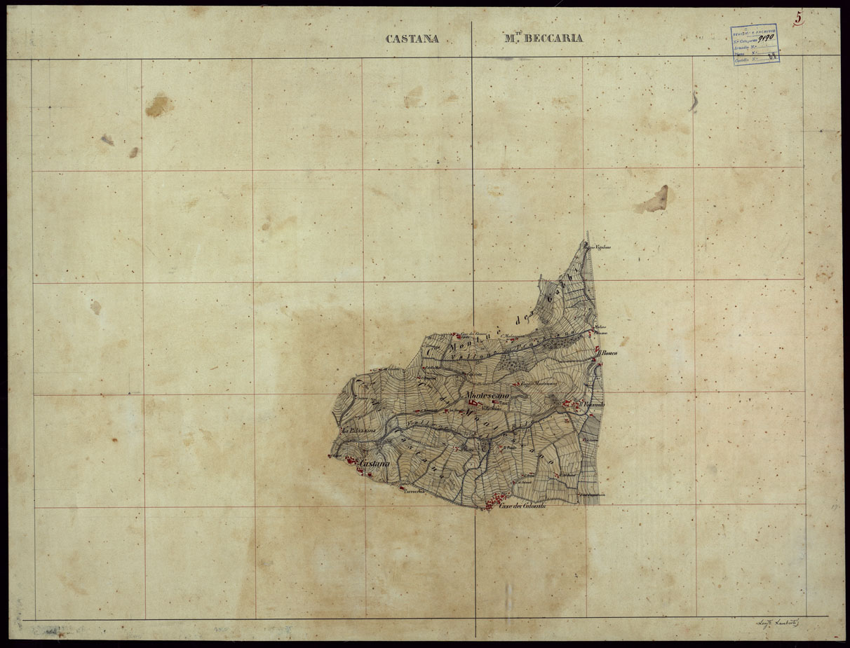 (N:23716) GRUPPO DI 132 FRAZIONI DI MINUTE DI CAMPAGNA ALLA SCALA 1:10.000 DEI RILEVAMENTI ESEGUITI NEL 1853-1867 - CASTANA - MONTU' BECCARIA - RILIEVI OPERATORE N. 5 (CA002324) Carte e stampe antiche: riproduzione a colori su carta (formato A1)