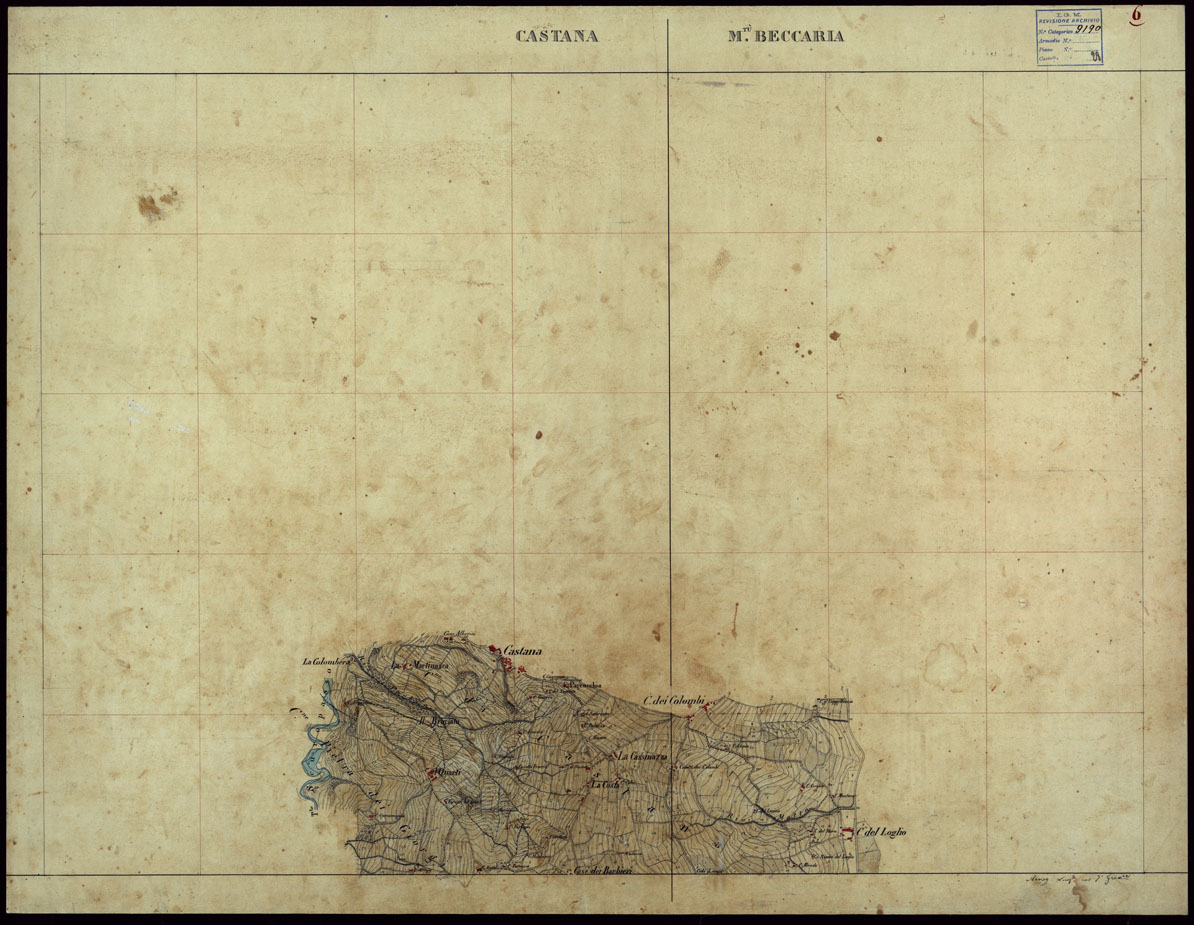 (N:23717) GRUPPO DI 132 FRAZIONI DI MINUTE DI CAMPAGNA ALLA SCALA 1:10.000 DEI RILEVAMENTI ESEGUITI NEL 1853-1867 - CASTANA - MONTU' BECCARIA - RILIEVI OPERATORE N. 6 (CA002325) Carte e stampe antiche: riproduzione a colori su carta (formato A1)