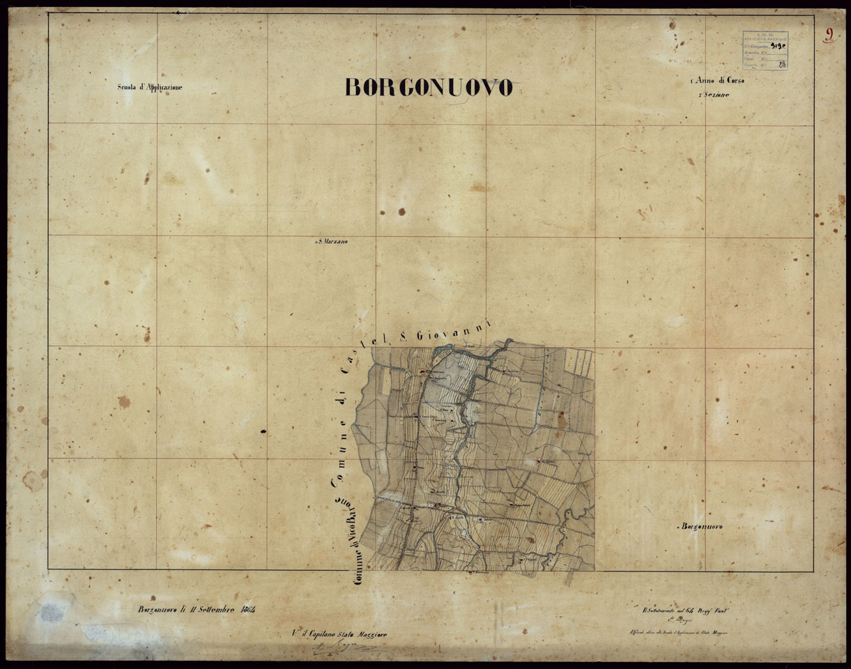 (N:23733) GRUPPO DI 132 FRAZIONI DI MINUTE DI CAMPAGNA ALLA SCALA 1:10.000 DEI RILEVAMENTI ESEGUITI NEL 1853-1867 - BORGONUOVO - RILIEVI OPERATORE N.9 (CA002341) Carte e stampe antiche: riproduzione a colori su carta (formato A1)