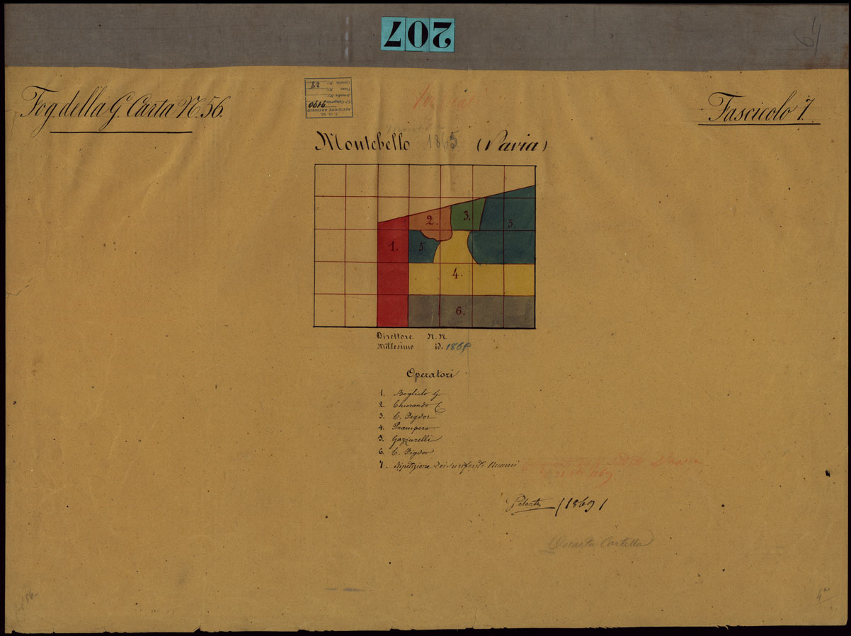 (N:23734) GRUPPO DI 132 FRAZIONI DI MINUTE DI CAMPAGNA ALLA SCALA 1:10.000 DEI RILEVAMENTI ESEGUITI NEL 1853-1867 - MONTEBELLO - FASCICOLO 7 - QUADRO D'UNIONE DEI RILIEVI DEGLI OPERATORI DEL FOGLIO DELLA GRAN CARTA N.56. (CA002342) Carte e stampe antiche: riproduzione a colori su carta (formato A1)