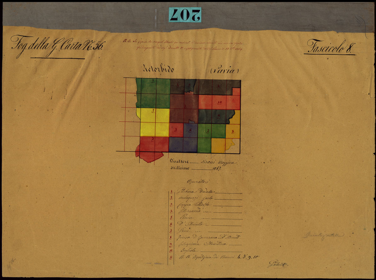 (N:23741) GRUPPO DI 132 FRAZIONI DI MINUTE DI CAMPAGNA ALLA SCALA 1:10.000 DEI RILEVAMENTI ESEGUITI NEL 1853-1867 - RETORBIDO - FASCICOLO 8 - QUADRO D'UNIONE DEI RILIEVI DEGLI OPERATORI DEL FOGLIO DELLA GRAN CARTA N. 56. (CA002349) Carte e stampe antiche: riproduzione a colori su carta (formato A1)