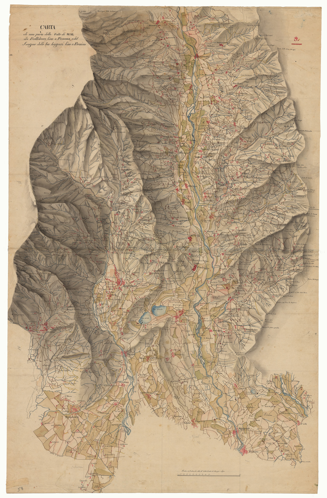 (N:5306) CARTA DI  UNA PARTE DELLA VALLE DI SUSA DA BUFFOLENO FINO A PIANEZZA, DEL SANGONE DELLE SUE SORGENTI  FINO A BRUINO (CA002390) Carte e stampe antiche: riproduzione a colori su carta (formato A1)