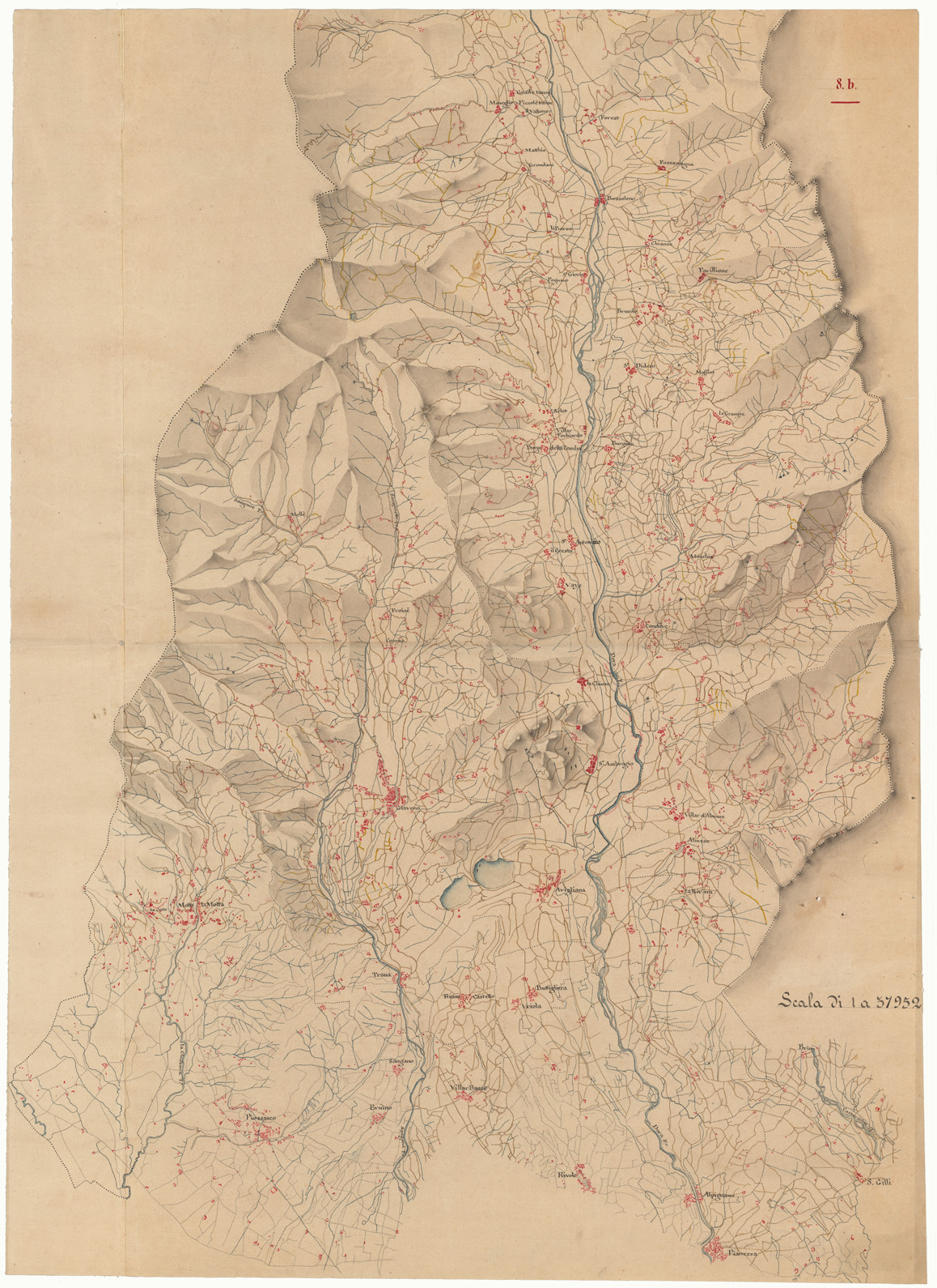(N:5207) VALLE DELLA DORA RIPARIA COLLE SUE DIRAMAZIONI DALL'ORIGINE SINO A PIANEZZA E QUELLA DEL SANGONE SINO A BRUINO ALLA SCALA 1 A 37.952 - FOGLIO 1 (CA002394) Carte e stampe antiche: riproduzione a colori su carta (formato A1)