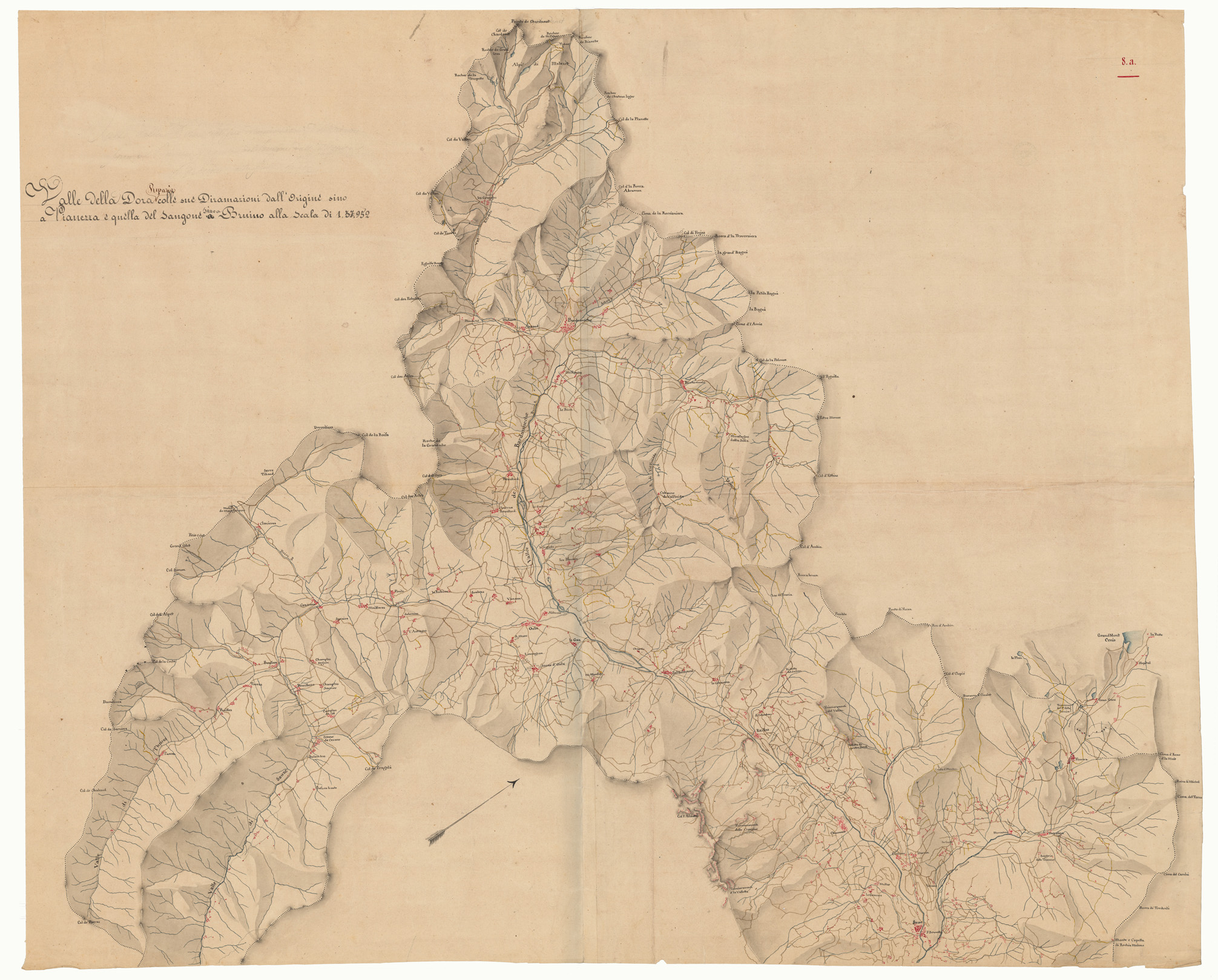 (N:5208) VALLE DELLA DORA RIPARIA COLLE SUE DIRAMAZIONI DALL'ORIGINE SINO A PIANEZZA E QUELLA DEL SANGONE SINO A BRUINO ALLA SCALA 1 A 37.952 - FOGLIO 2 (CA002395) Carte e stampe antiche: riproduzione a colori su carta (formato A1)