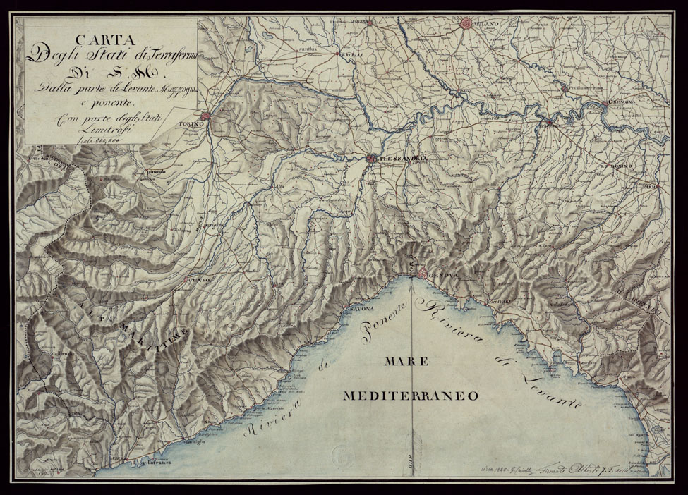 (N:15519) CARTA DEGLI STATI DI TERRAFERMA DI S.M. DALLA PARTE DI LEVANTE MEZZOGIORNO E PONENTE CON PARTE DEGLI STATI LIMITROFI. (CA002502) Carte e stampe antiche: riproduzione a colori su carta (formato A1)