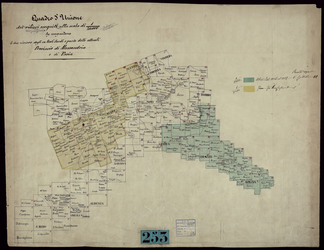 (N:15354) RICOGNIZIONI ESEGUITE ALLA SCALA DI 1/20.000 CHE COMPRENDANO LE DUE RIVIERE DEGLI EX STATI SARDI E PARTE DELLE ATTUALI PROVINCIE DI ALESSANDRIA  E DI PAVIA - QUADRO D'UNIONE. (CA002631) Carte e stampe antiche: riproduzione a colori su carta (formato A1)