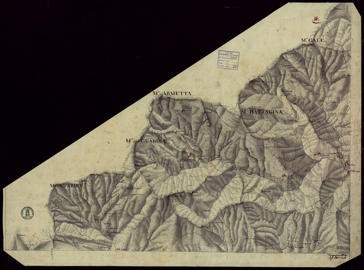 (N:15370) RICOGNIZIONI ESEGUITE ALLA SCALA DI 1/20.000 CHE COMPRENDANO LE DUE RIVIERE DEGLI EX STATI SARDI E PARTE DELLE ATTUALI PROVINCIE DI ALESSANDRIA  E DI PAVIA - FOGLIO 16. (CA002647) Carte e stampe antiche: riproduzione a colori su carta (formato A1)