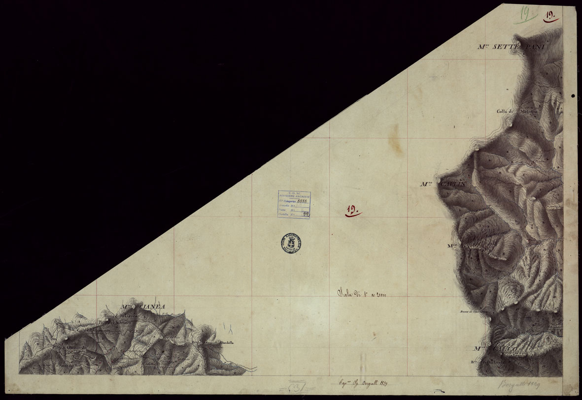 (N:15373) RICOGNIZIONI ESEGUITE ALLA SCALA DI 1/20.000 CHE COMPRENDANO LE DUE RIVIERE DEGLI EX STATI SARDI E PARTE DELLE ATTUALI PROVINCIE DI ALESSANDRIA  E DI PAVIA - FOGLIO 19. (CA002650) Carte e stampe antiche: riproduzione a colori su carta (formato A1)