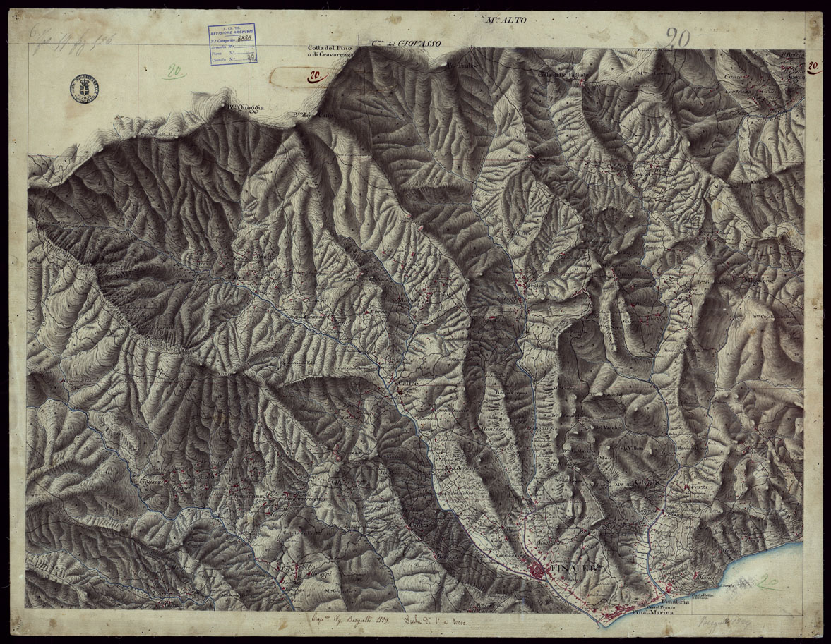 (N:15374) RICOGNIZIONI ESEGUITE ALLA SCALA DI 1/20.000 CHE COMPRENDANO LE DUE RIVIERE DEGLI EX STATI SARDI E PARTE DELLE ATTUALI PROVINCIE DI ALESSANDRIA  E DI PAVIA - FOGLIO 20. (CA002651) Carte e stampe antiche: riproduzione a colori su carta (formato A1)